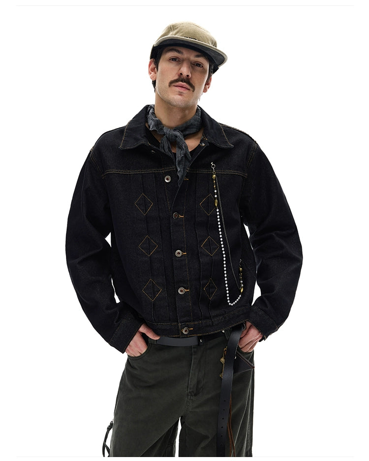 MADWITCH Retro Ruffian Handsome Bright Line Design Sense Chain Denim Jacket