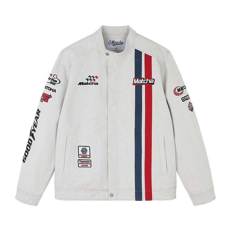MATCHA STORY Motorcycle Racing Style Embroidered Stand-up Collar Jacket