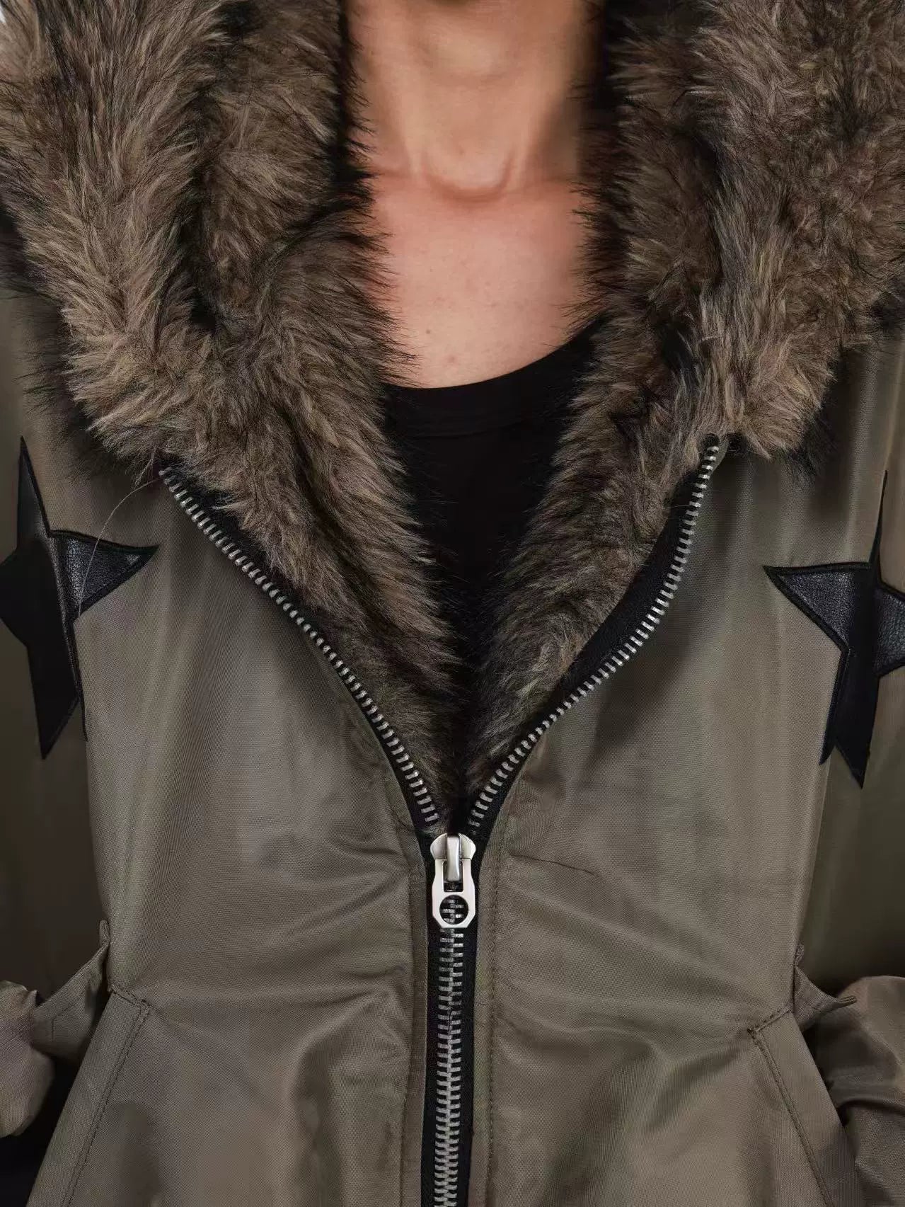 DETW Five-pointed Star Fake Two-piece Fur Collar Hooded Cotton Dress