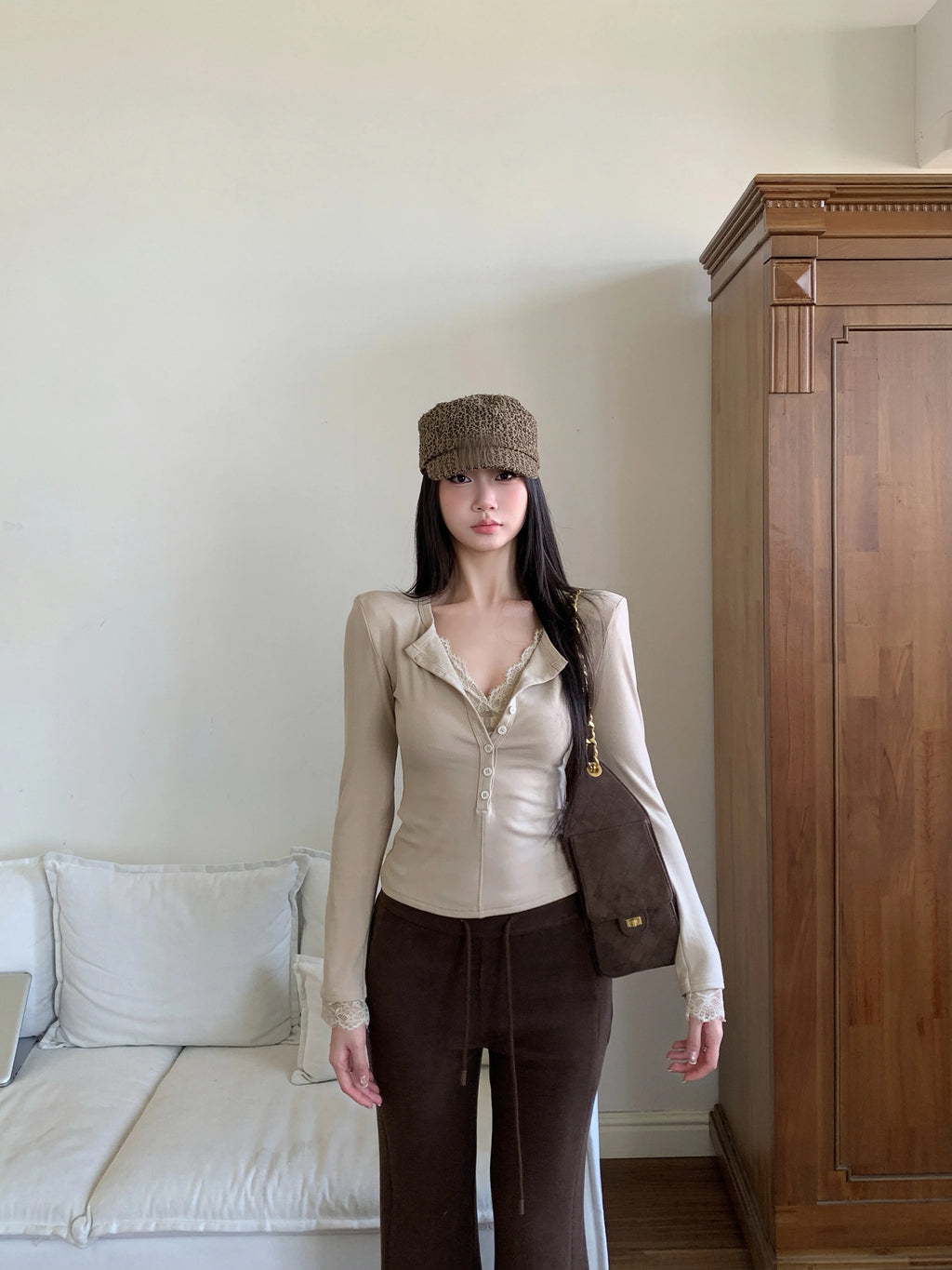 WITHMIN Slim Lace Fake Two Pieces Skinny Long Sleeves