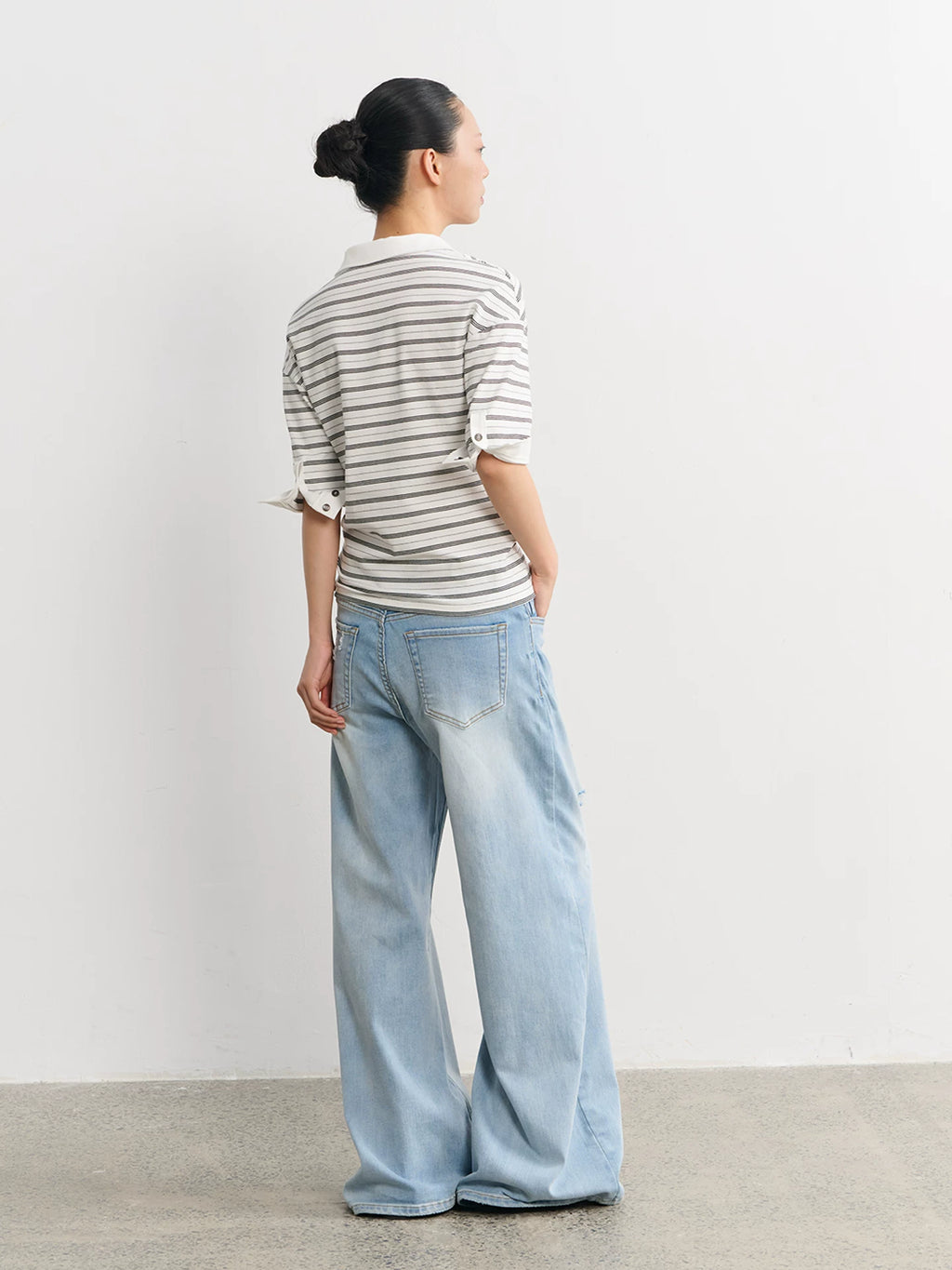 LINY LIBERTY Vintage Slightly Loose Striped V-neck Polo Tee