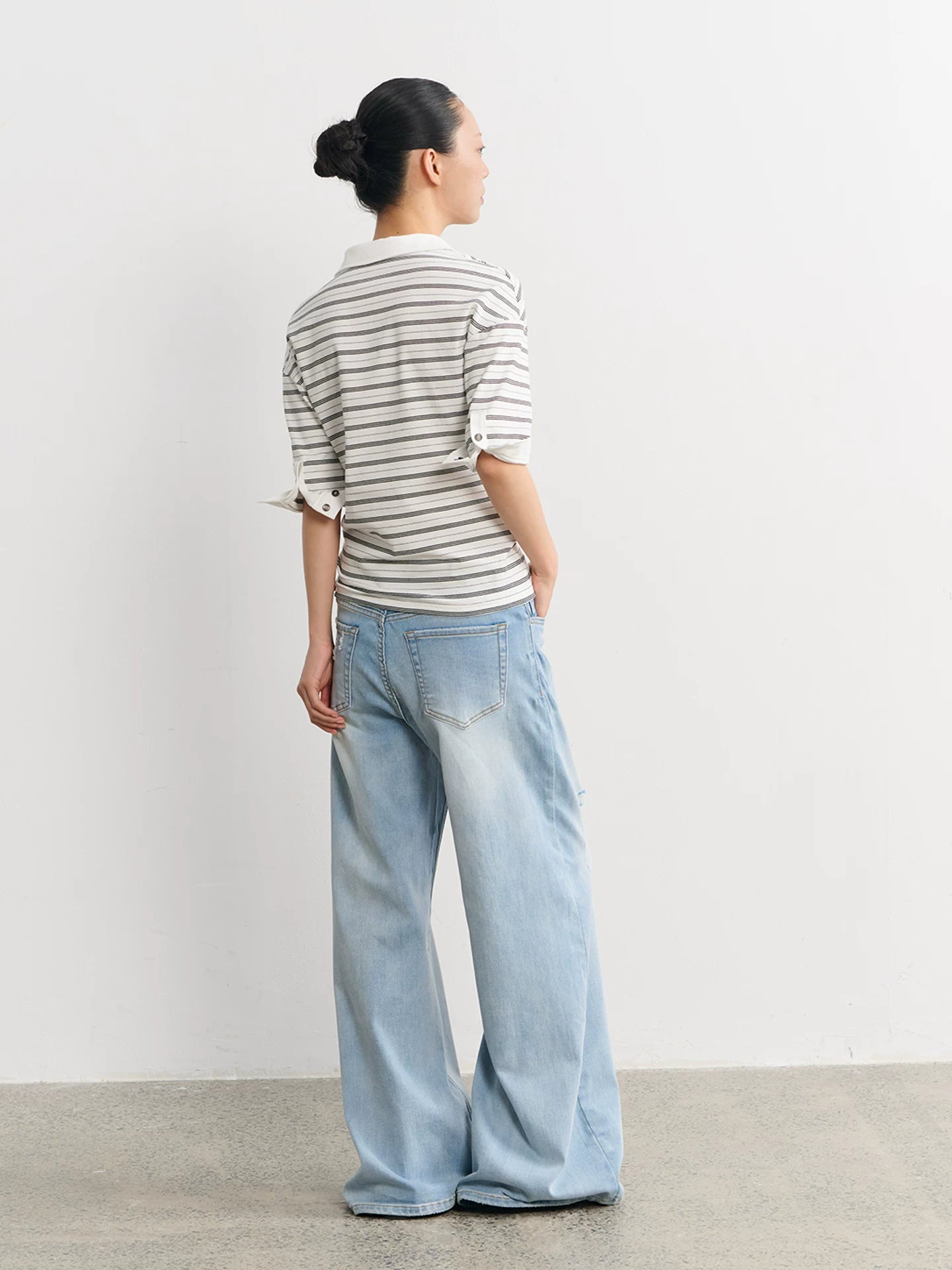 LINY LIBERTY Vintage Slightly Loose Striped V-neck Polo Tee