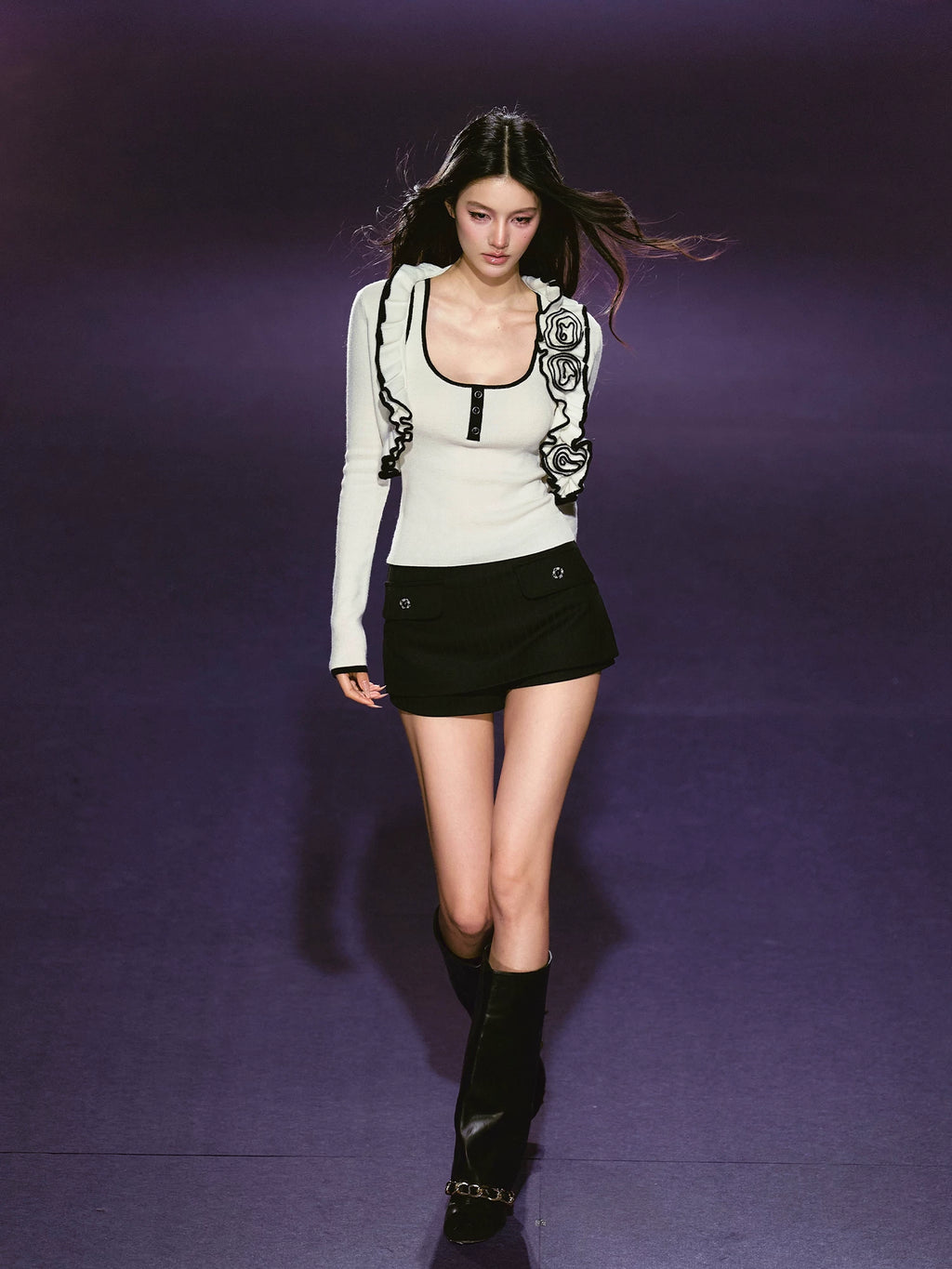 AGAM Flower Cardigan U-neck Slim-fit Contrasting Vest Set