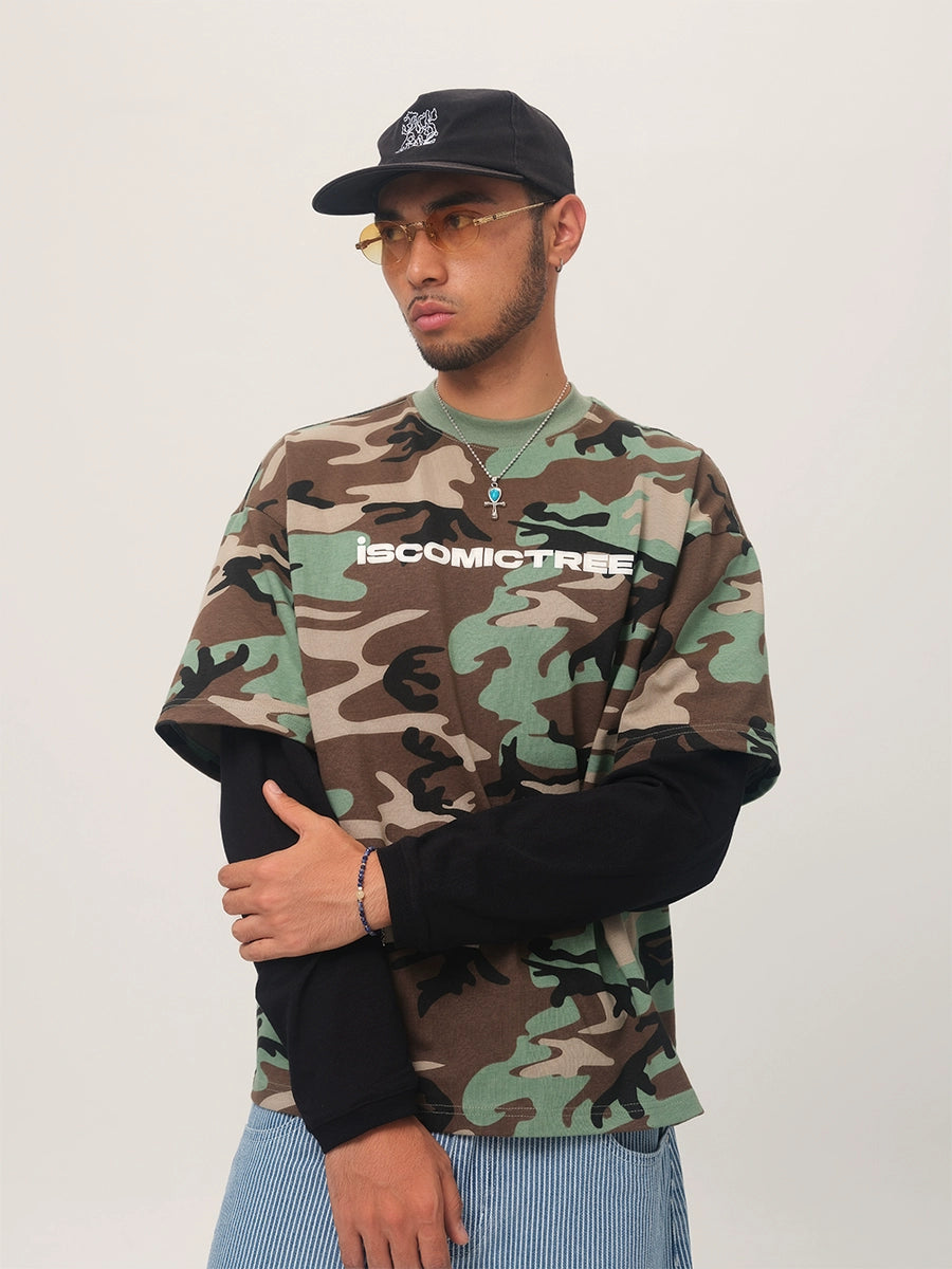 ComicTree Camouflage Stitching Fake Two-piece Letter Long Sleeve