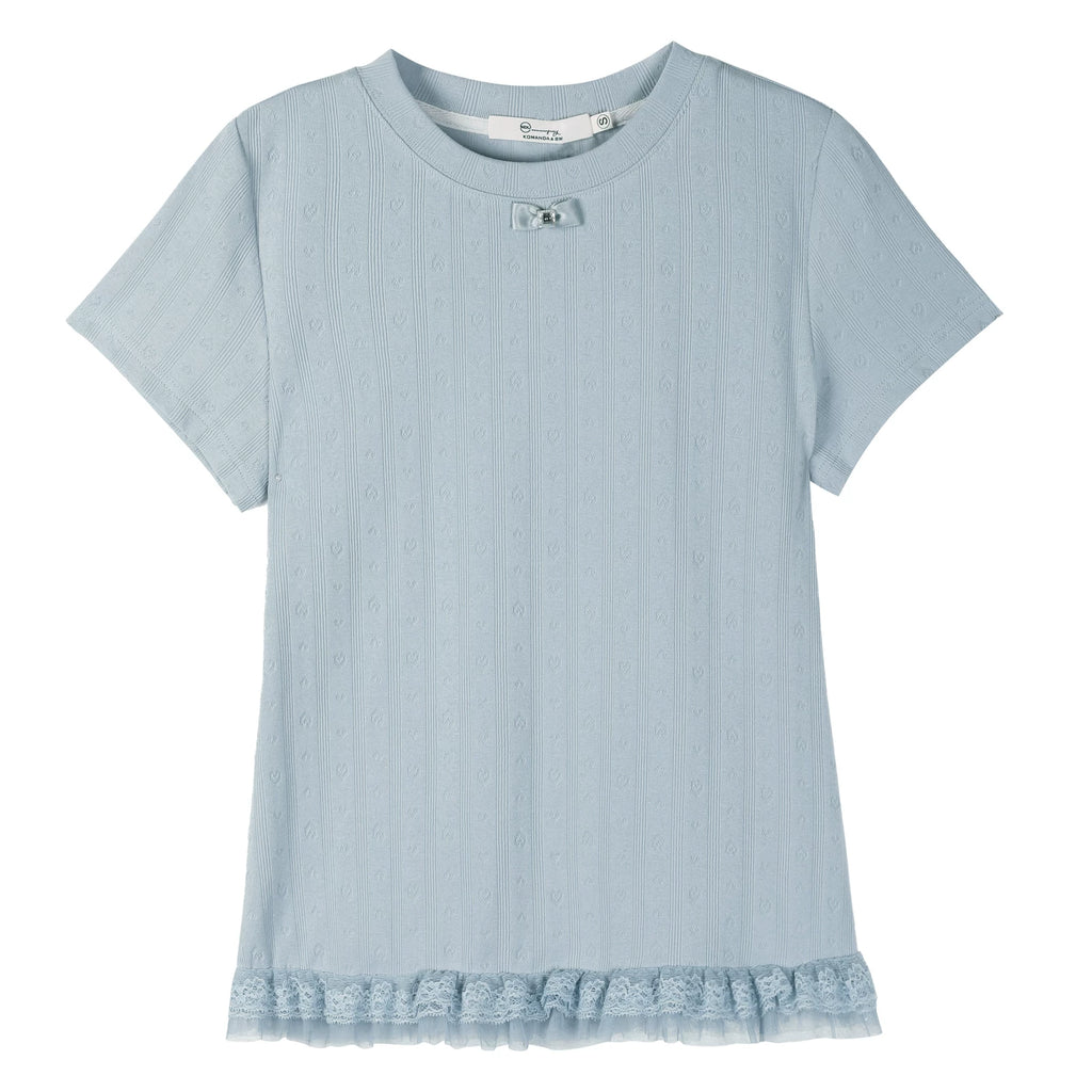 XUJING Front Shoulder Lace Edge Hem Waist Thin Tee
