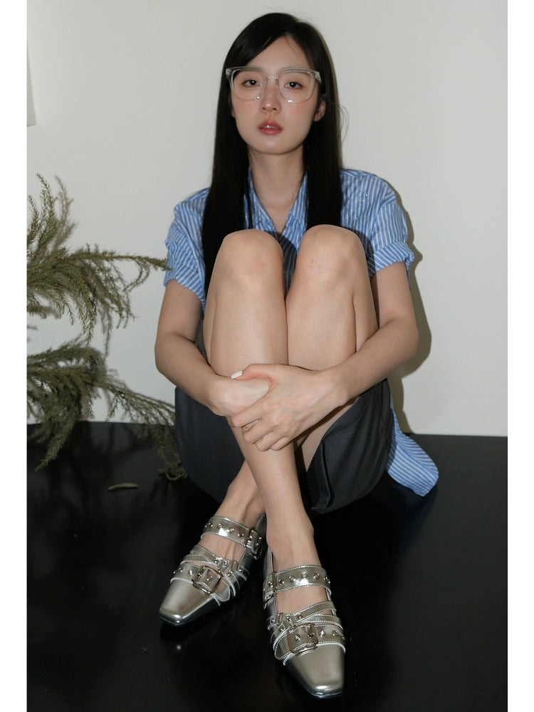 Mooreyu Small Square Head Rivet Ballet Flats