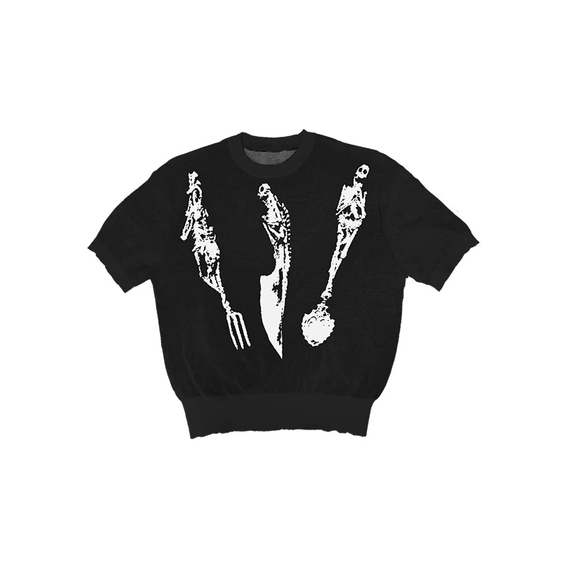 WANNA LAB Skull Knife Fork Spoon Jacquard Pattern Front Shoulder Tee
