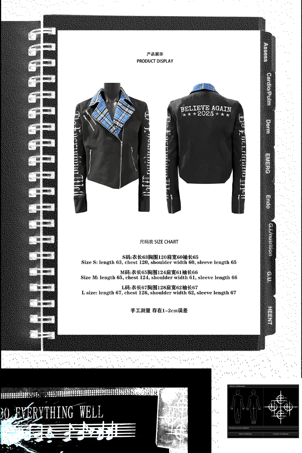 DETW 25ss * "greed" original heavy industry front shoulder diagonal placket zipper slim plaid splicing short wide jacket