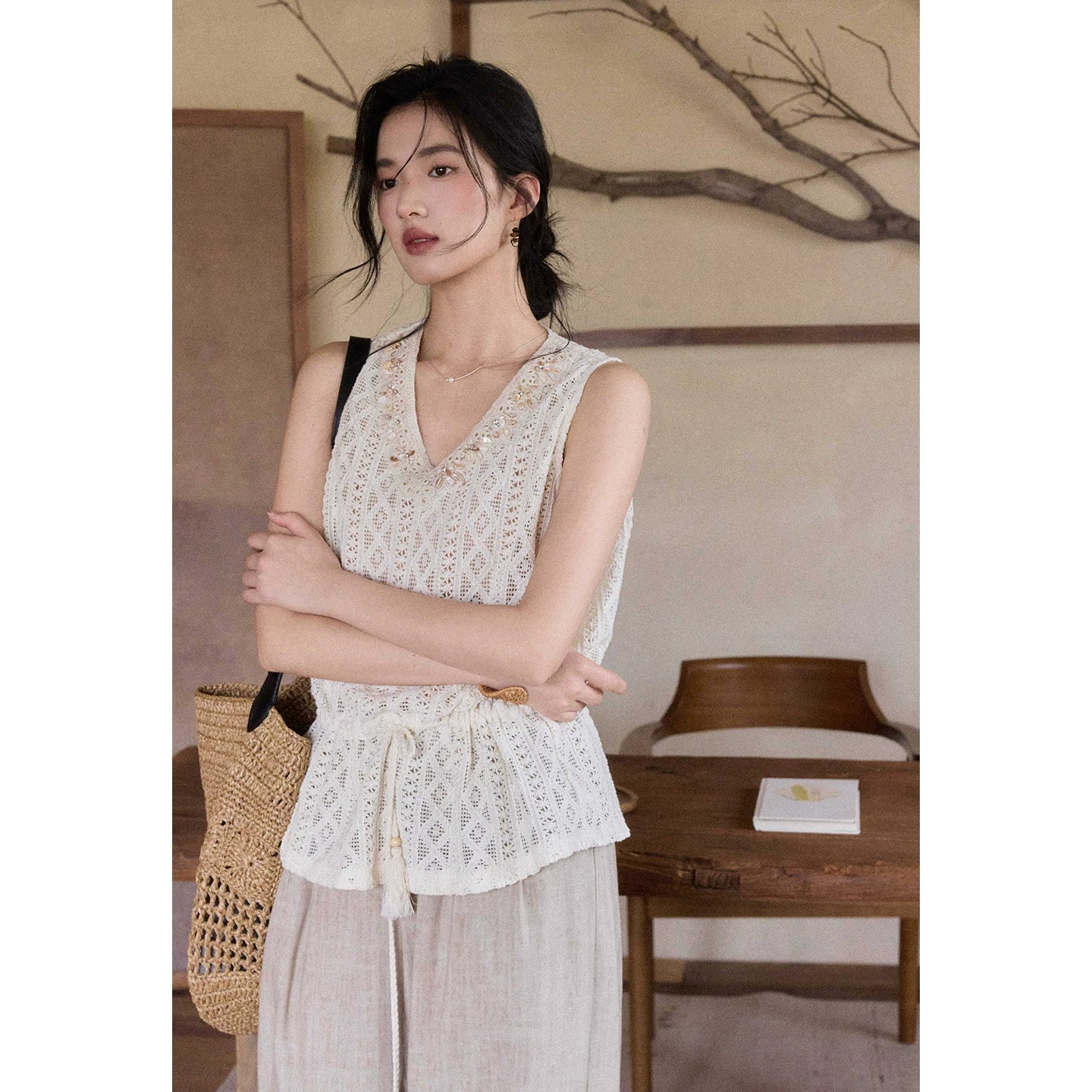 TYANG Bead Drawstring Top Hollow High Waist Skirt Set