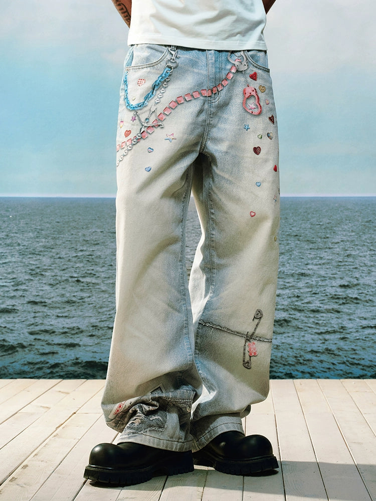 YADcrew Stream Sticker Print Pants Versatile Casual Jeans