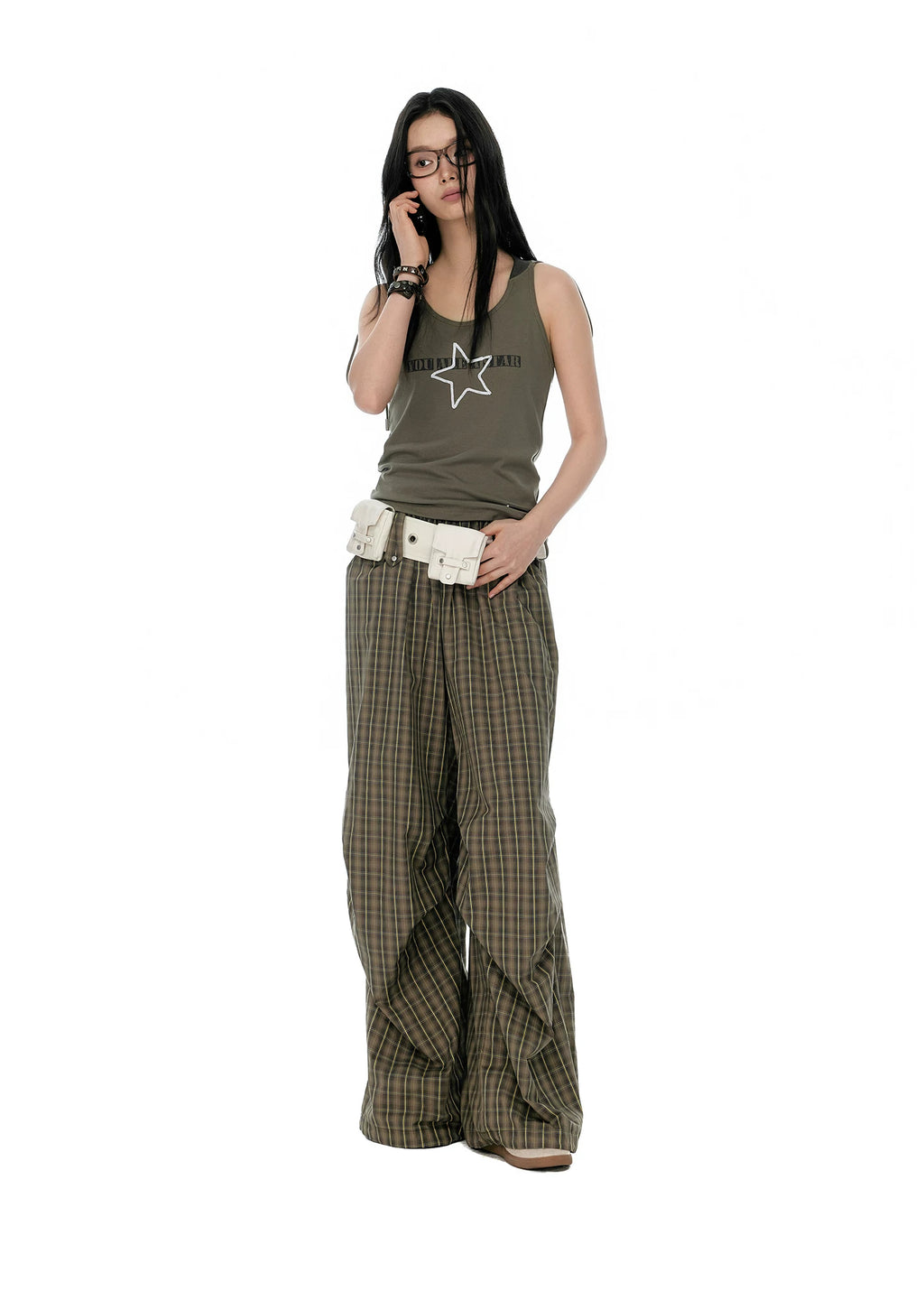 JIKOO Plaid Elastic Waist Drawstring Pleated Trousers