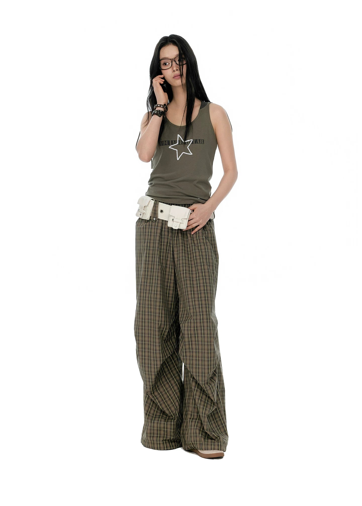 JIKOO Plaid Elastic Waist Drawstring Pleated Trousers