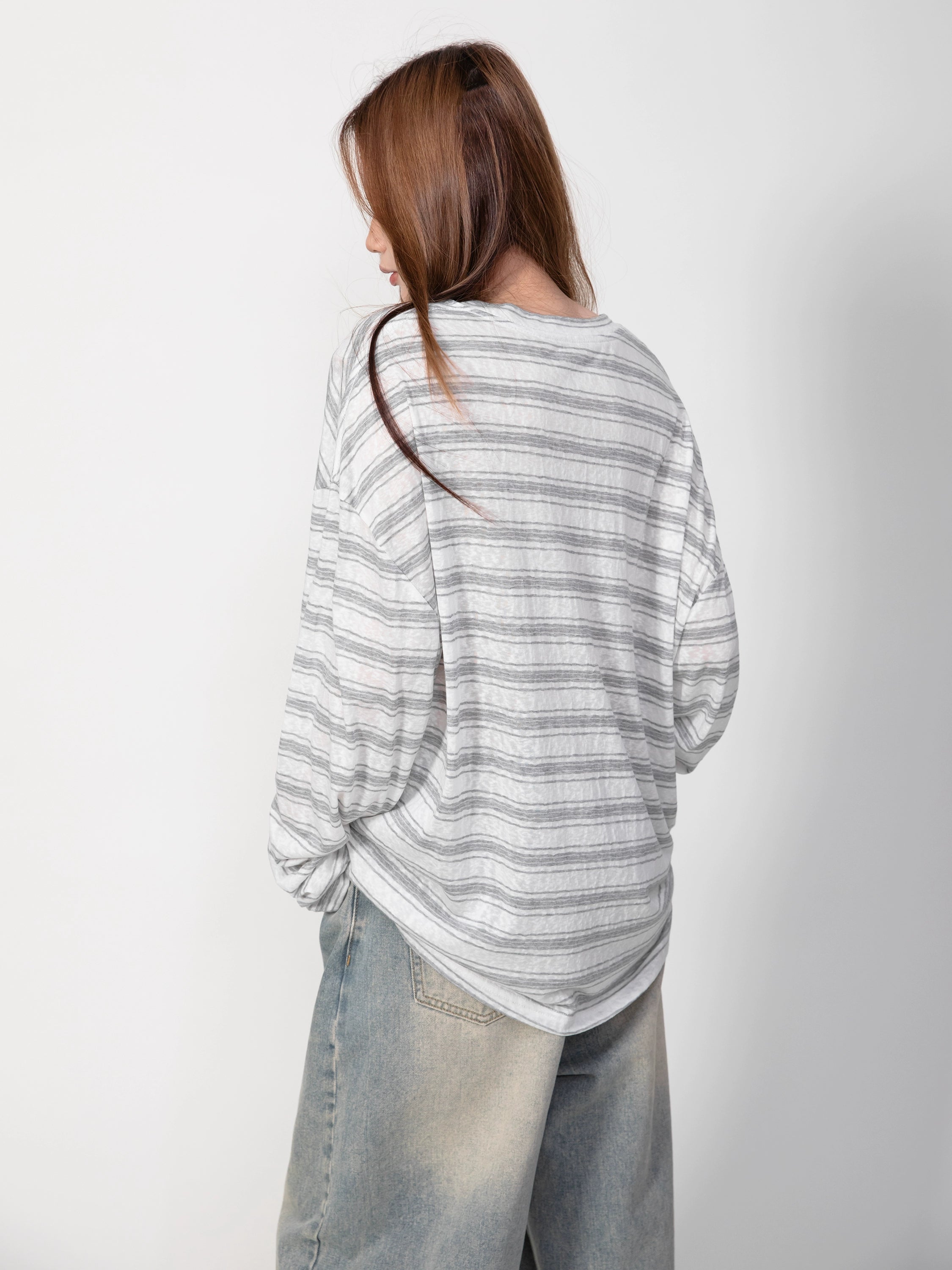 RHOMEHOUSE Lazy Loose Drape Striped Long Sleeve