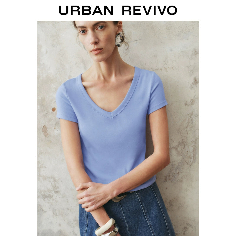 URBAN REVIVO Slim Short V-Neck Short Sleeve T-Shirt