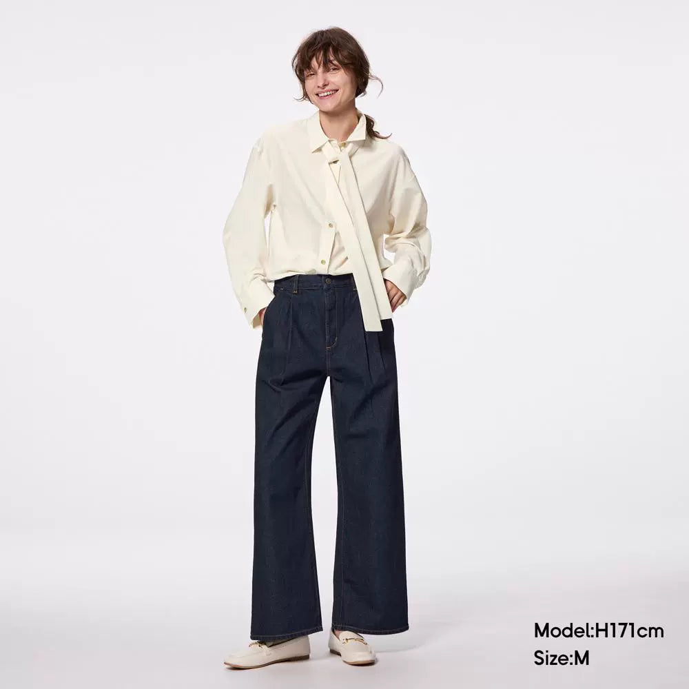 GU Denim Pleated High-waisted Loose Trousers