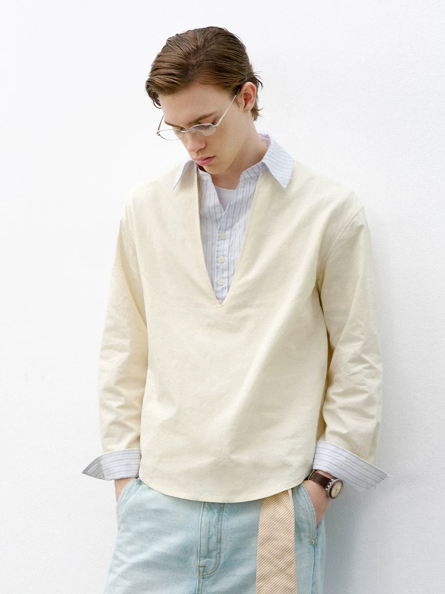 714Street linen blend V-neck fake two-piece shirt