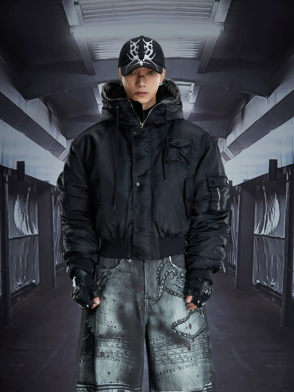 NOMANIAI Removable Fur Collar Nailed Hooded Embroidered Fleece Cotton Jacket