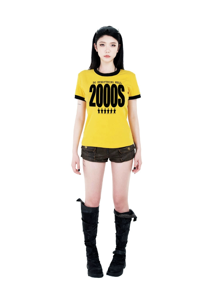 DETW 25ss * "2000S" Front Shoulder Slim Color Matching Short Sleeve Simple Commuter Tee