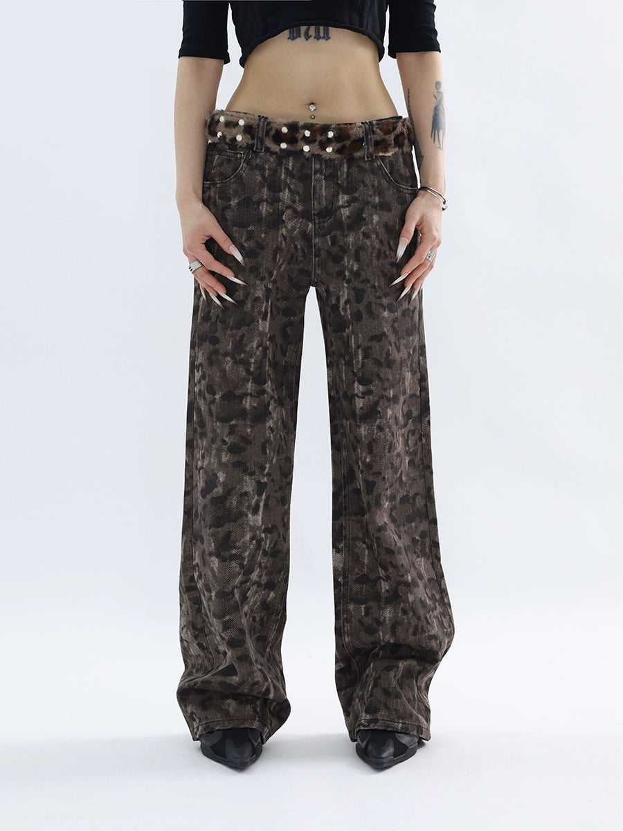 FUZZYKON Straight Low-rise Retro Leopard Print Jeans