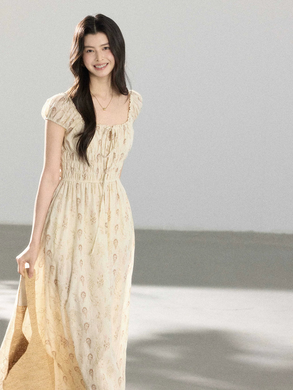 TYANG Retro Square Neck Drawstring Floral Dress