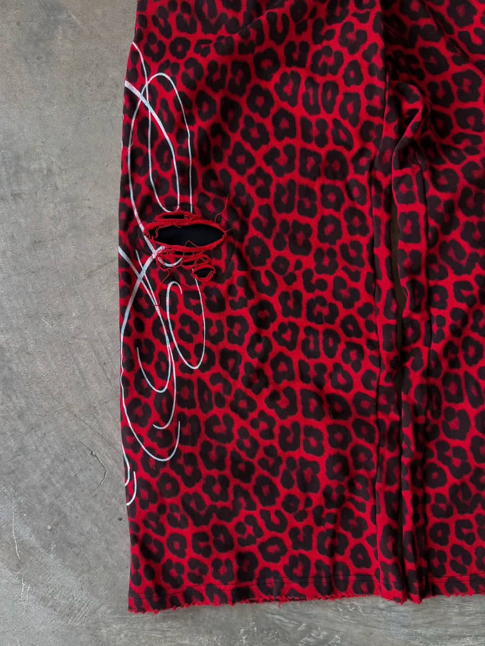 FTS Vintage Double Waist Leopard Print Ripped Loose Straight Sweatpants
