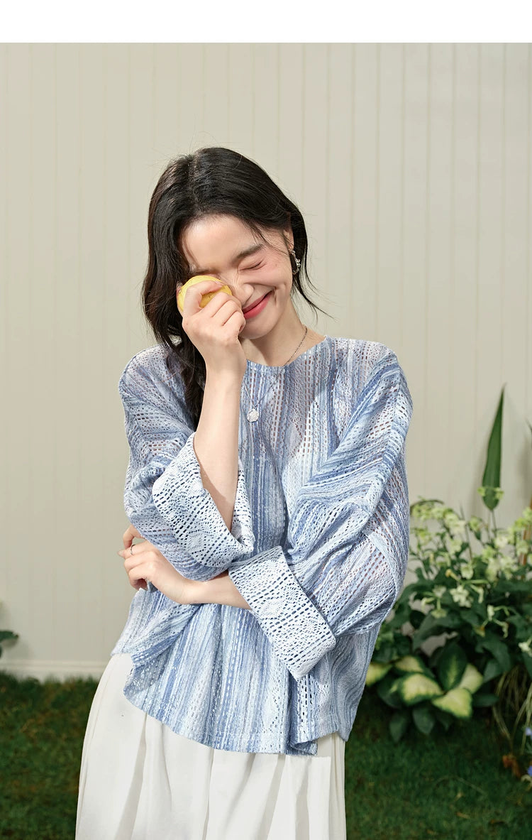 Kuose Striped Hollow Loose Long Sleeve Shirt