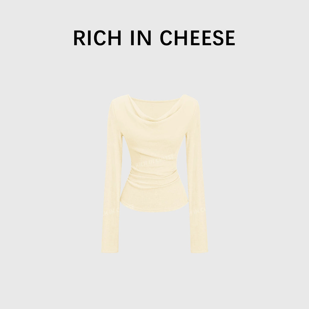 RICH IN CHEESE Pure Desire Swing Neck Knitted Waist Pleated Long Sleeves
