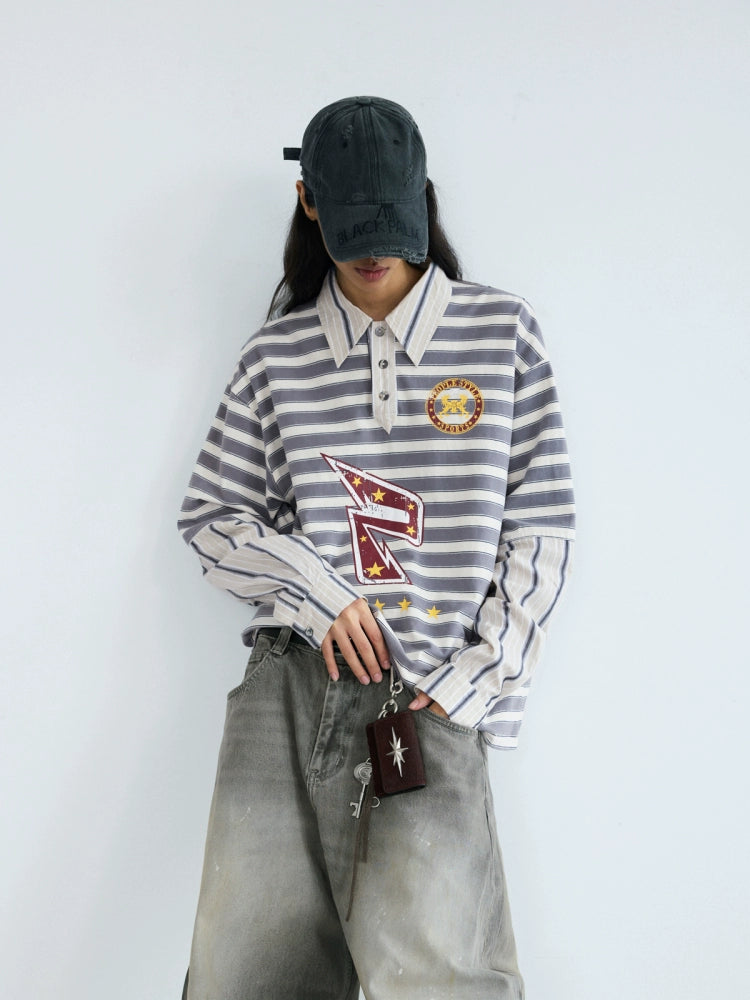 PEOPLESENSE Striped Fake Two-piece Splicing POLO Collar Long Sleeve