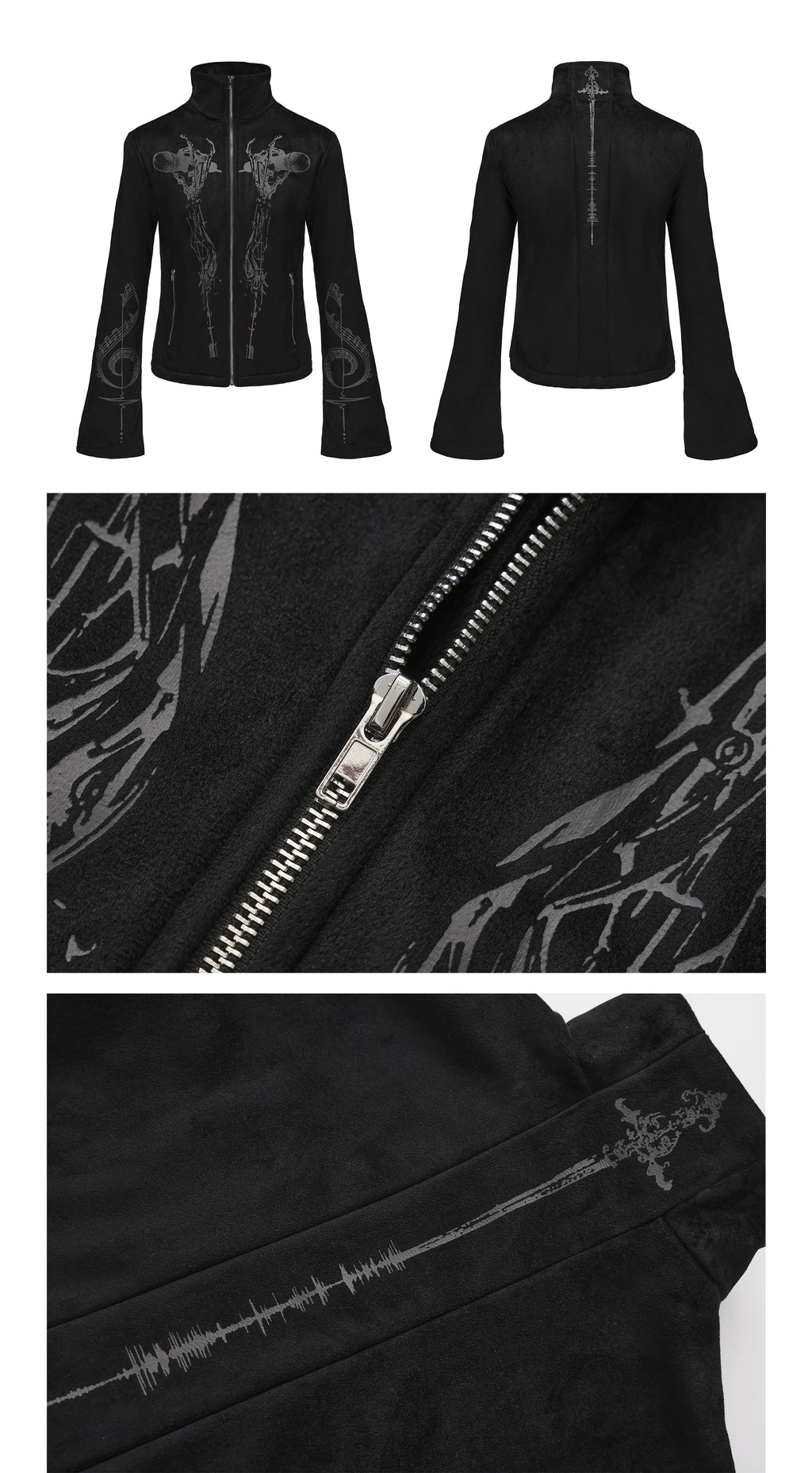 PAIKI Skull Singer Music Notes Stand-up Collar Velvet Jacket