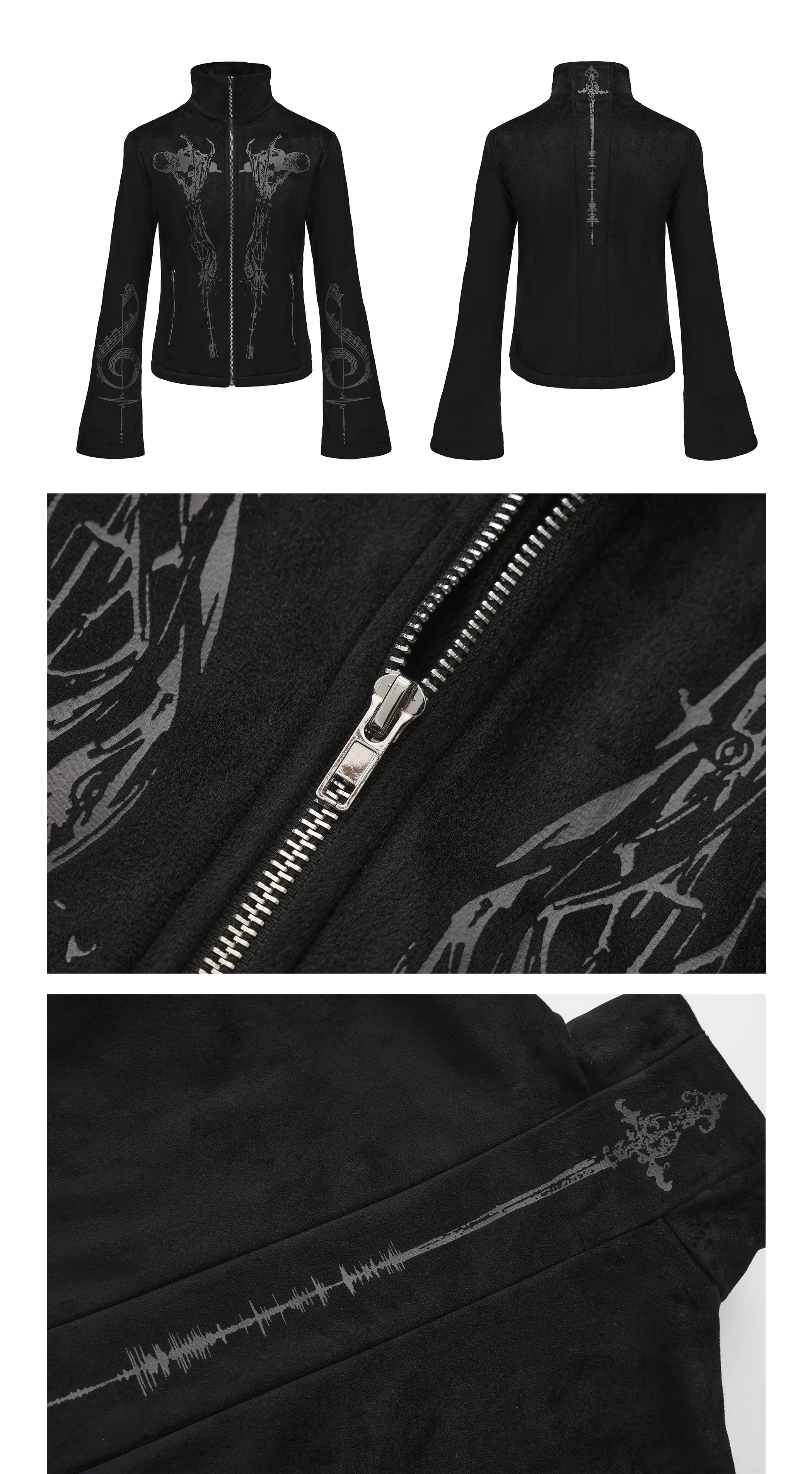 PAIKI Skull Singer Music Notes Stand-up Collar Velvet Jacket