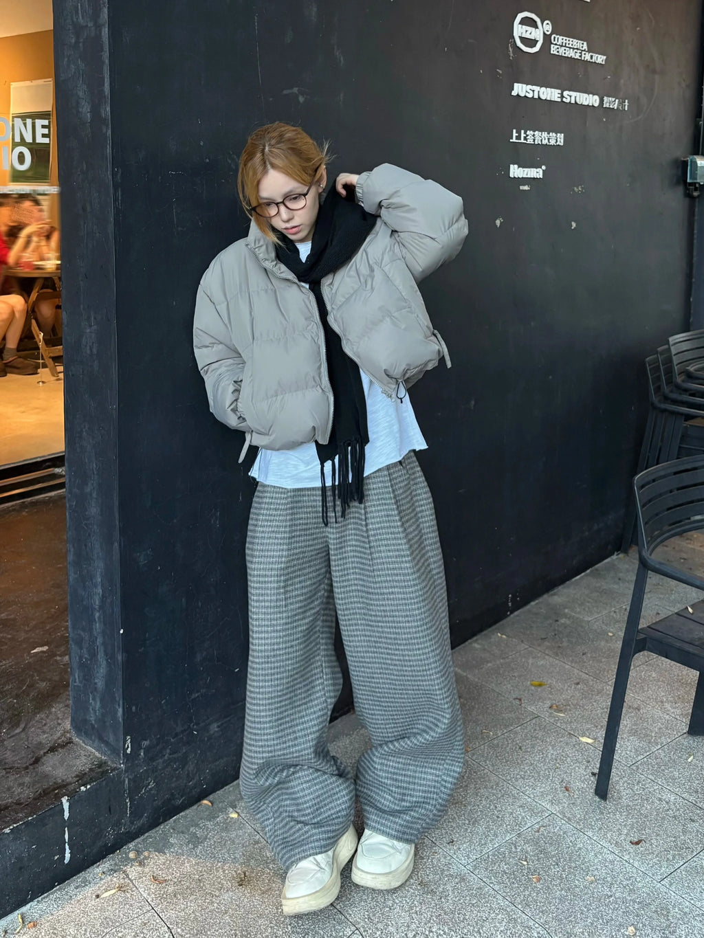 CENSMADE Three-dimensional Cut Wide-leg Plaid Trousers