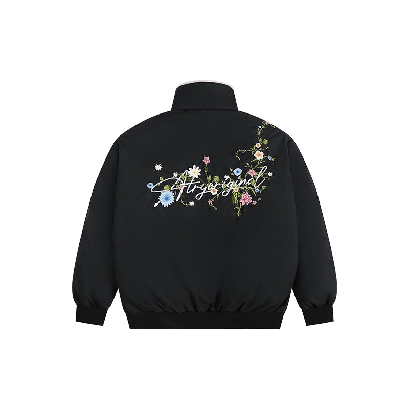 ATRY Embroidered Floral Fur Collar Lapel Thick Coat