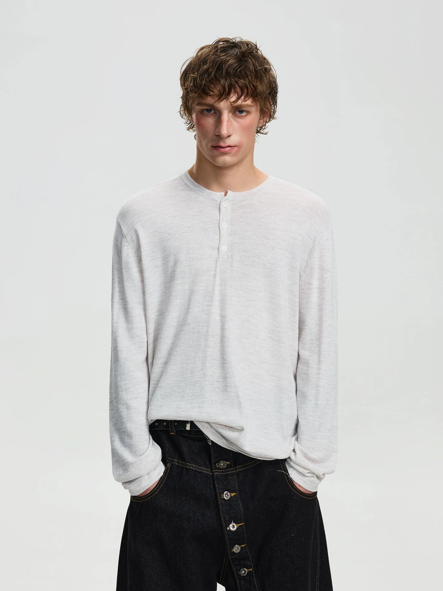 BTSG retro linen blend texture Henry neck knitted long sleeve sweater