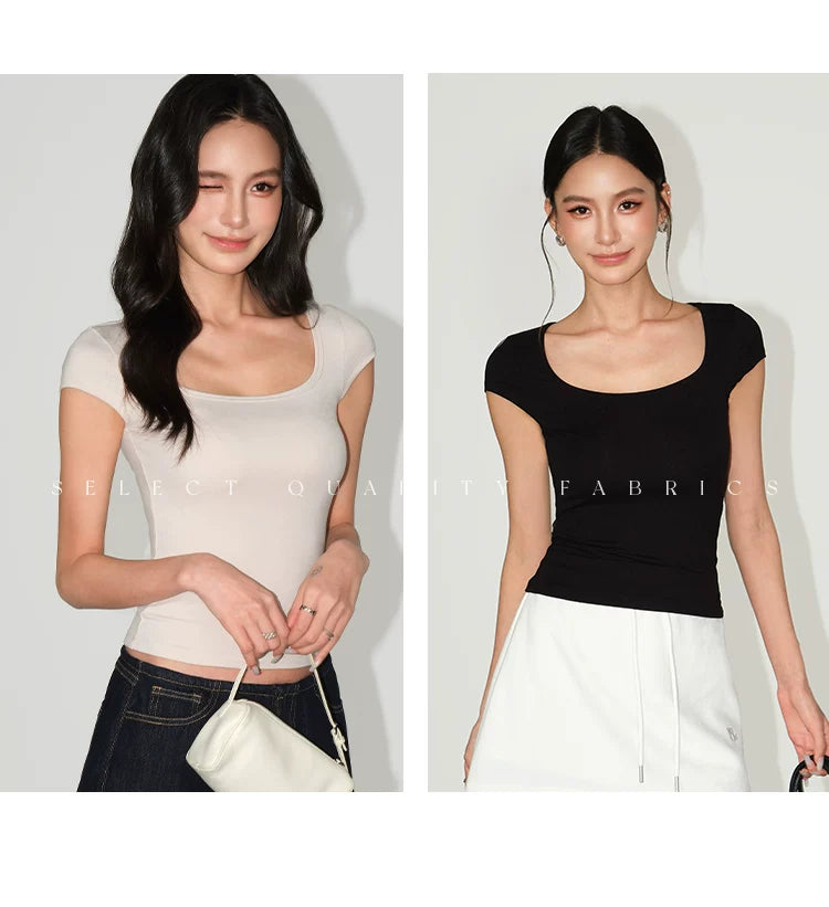 NEVA HU Simple Square Neck Straight Shoulder Thin Tee