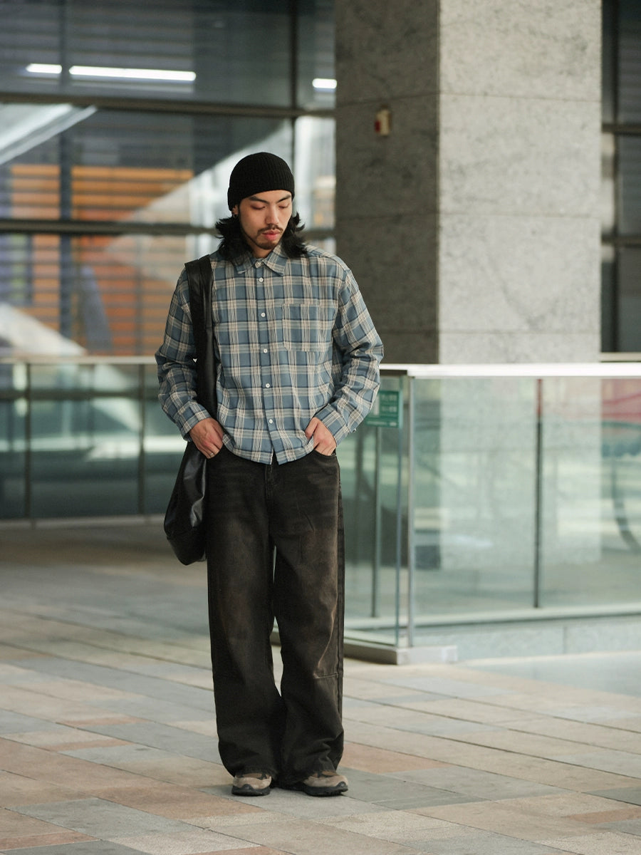 NOEARS Japanese Retro Plaid Loose Long-sleeved Square Neck Shirt