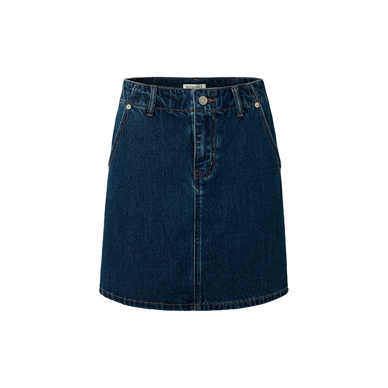 RPB BRAND Lined Micro-elastic Washed Denim Skirt