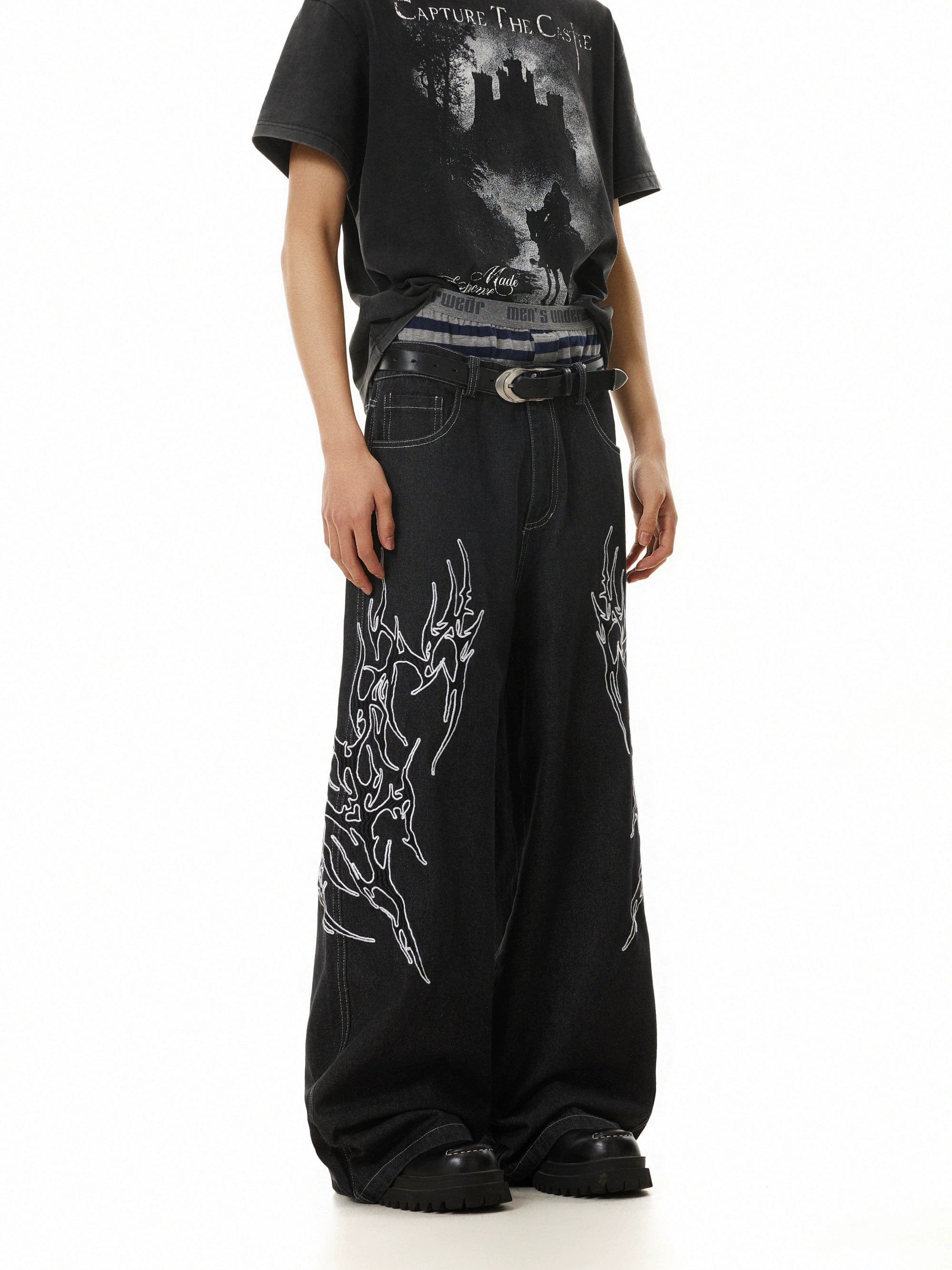 BTSG Totem-embroidered Wide-leg Jeans