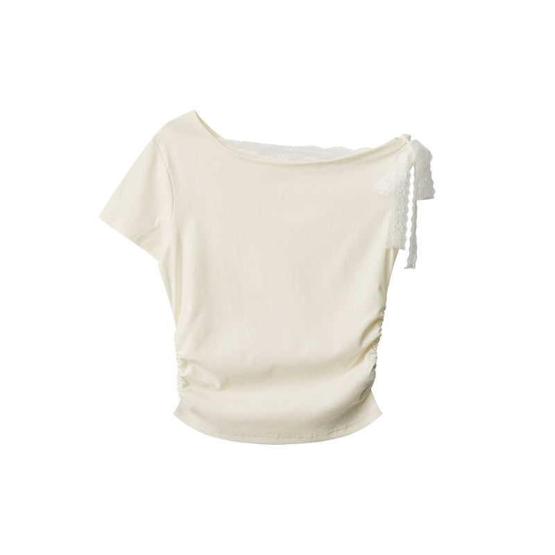 AIRHOOD Lace Sexy Diagonal Collar Short Tee