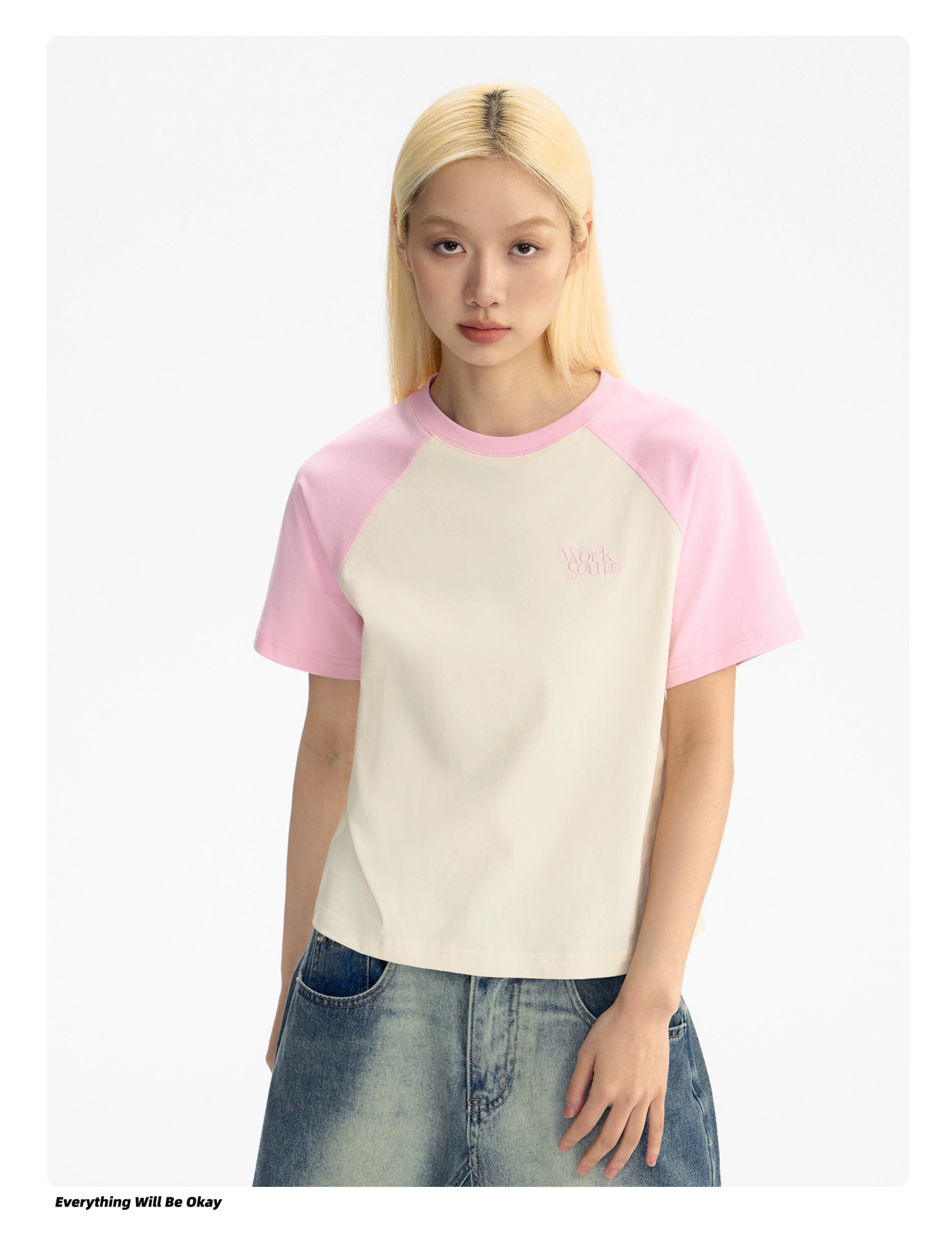 NICEBAD Contrasting Color Raglar Sleeve Embroidery Tee