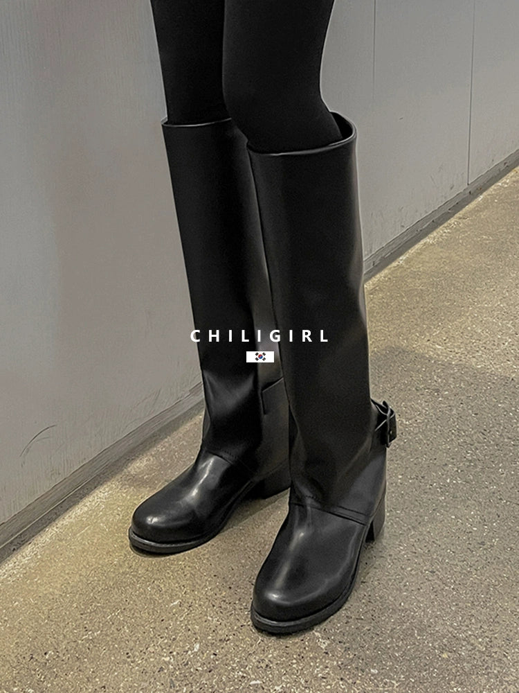CHILIGIRL High Boots Belt Buckle Straight Boots