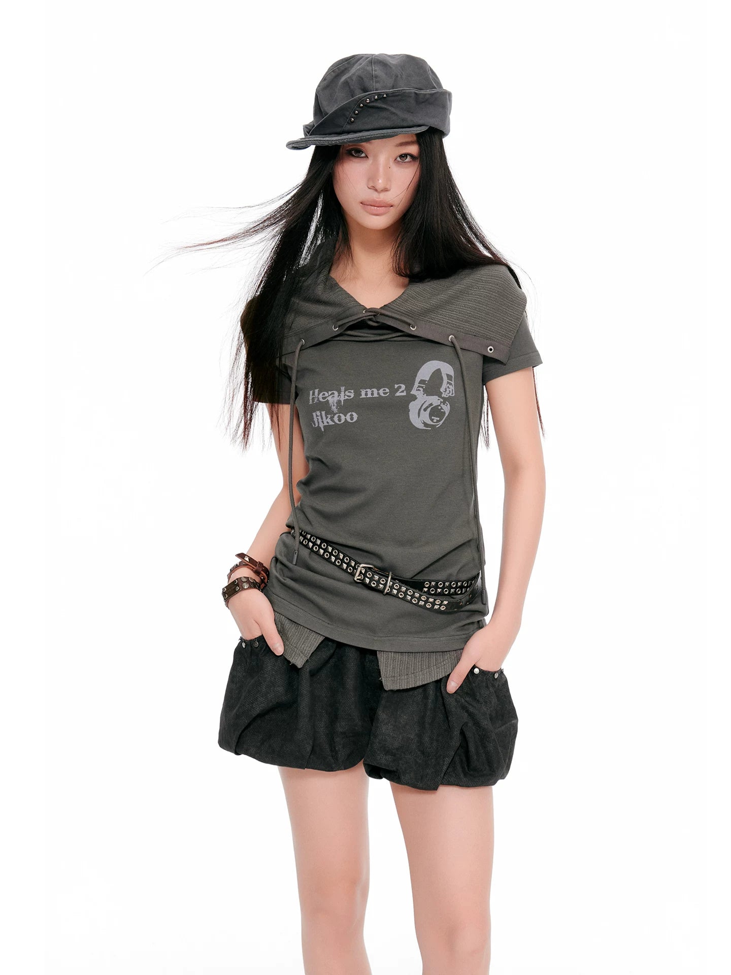 JIKOO Asymmetric Lapel Printed Tee