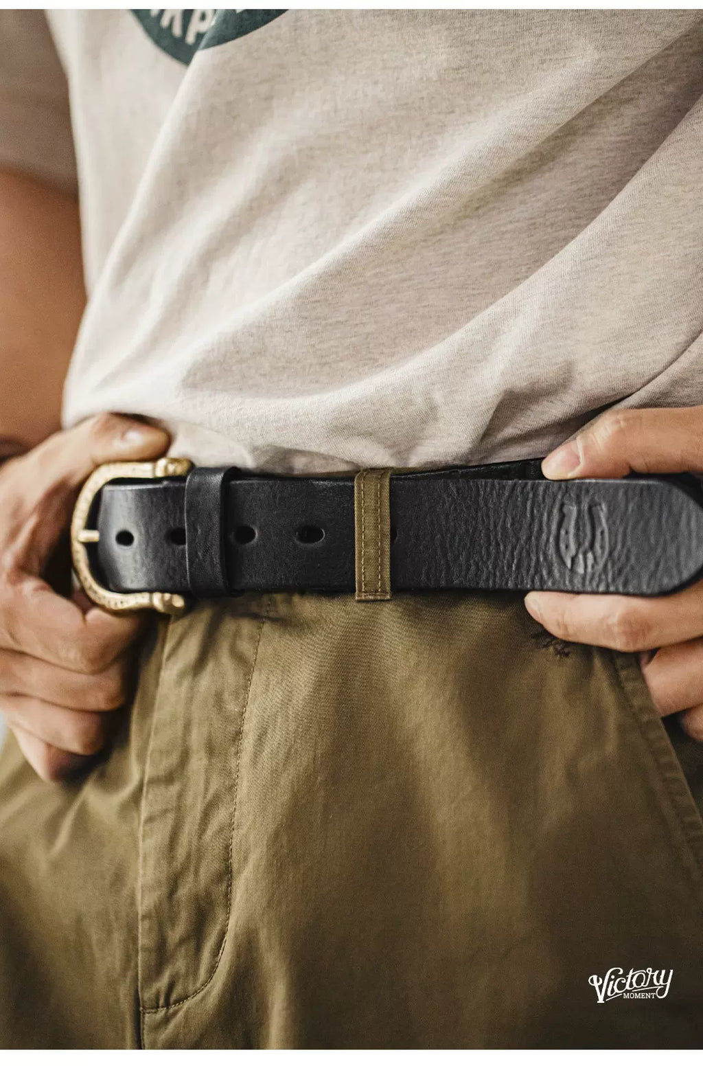 Maden Vintage Brass Button Head Belt First Layer Cowhide Belt