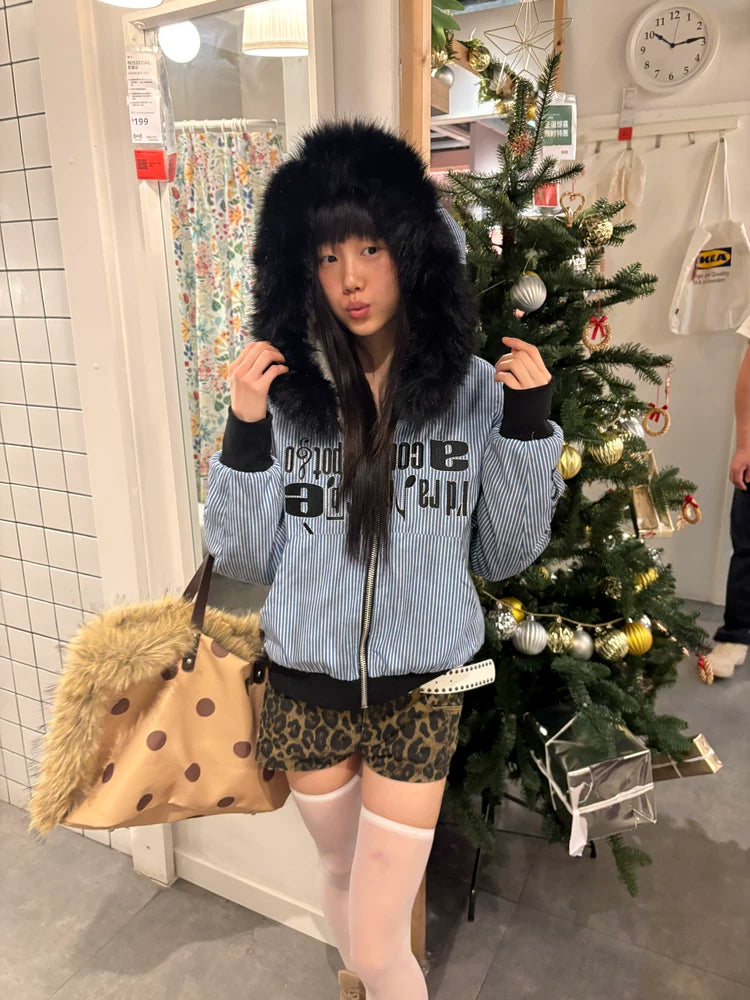 DETW Striped Long Fur Collar Lamb Fleece Hooded Jacket
