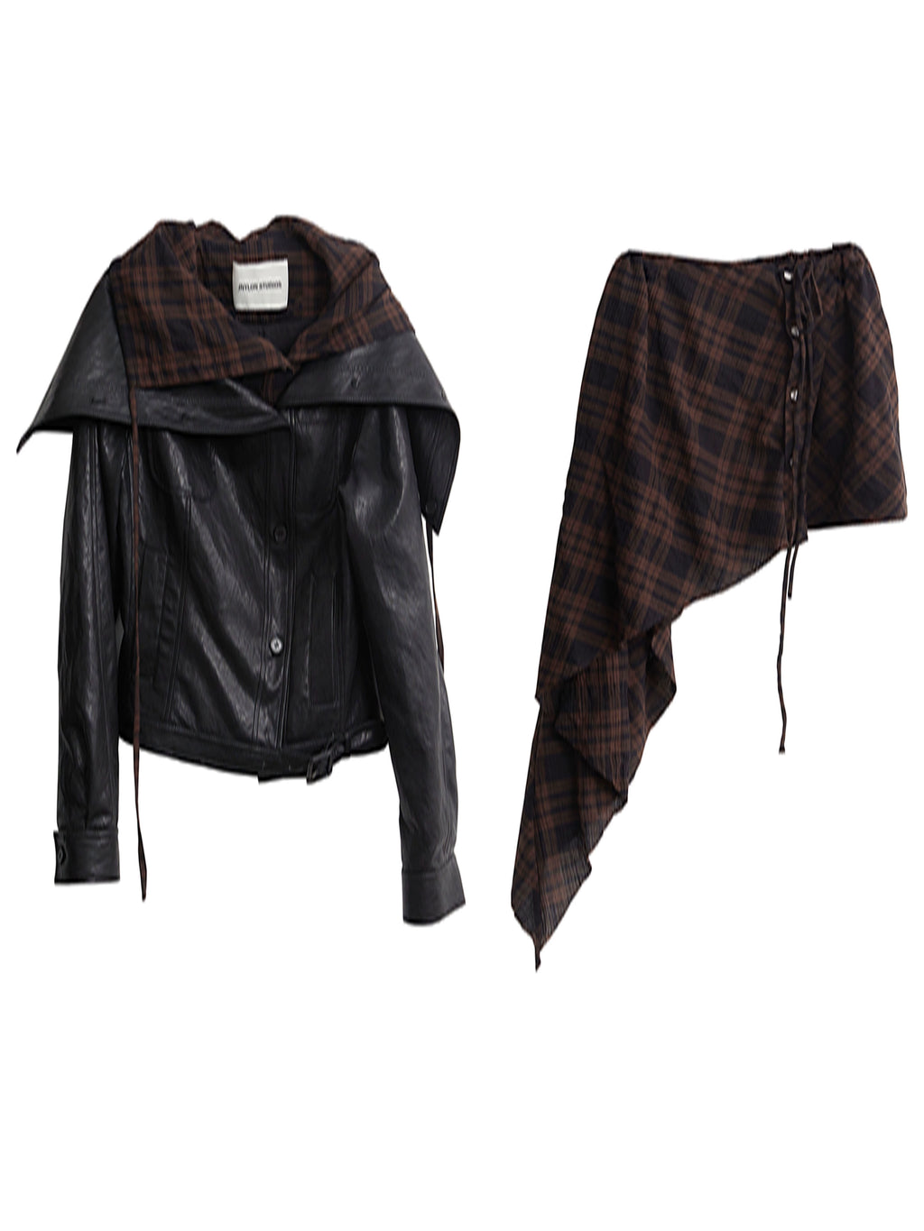 JNYLON-plaid Apron Stitched Imitation Leather PU Jacket