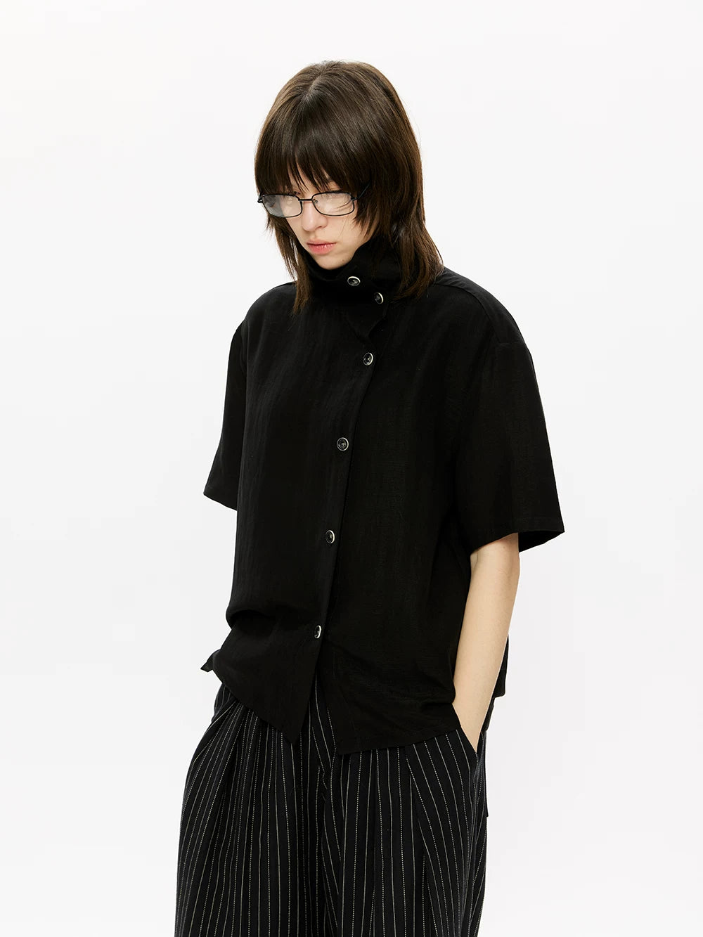 KREATE Stand-up Collar Handmade Contrasting Button-up Shirt
