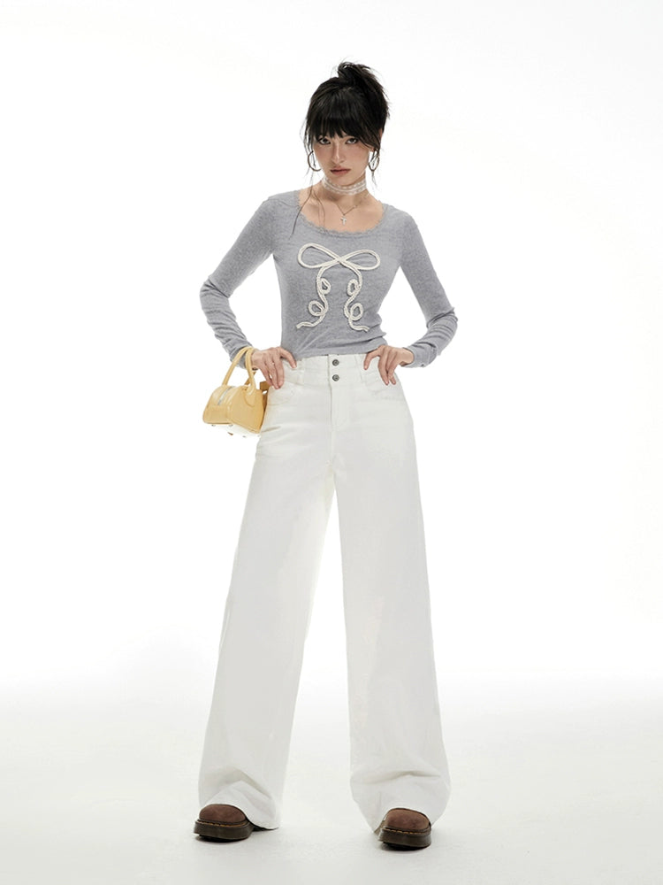 Imone Lace Woven Bow Knitted Sweater Long Sleeve