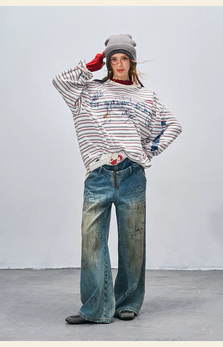 BJHG Striped Graffiti Print Knitted Sweater Couple Sweater