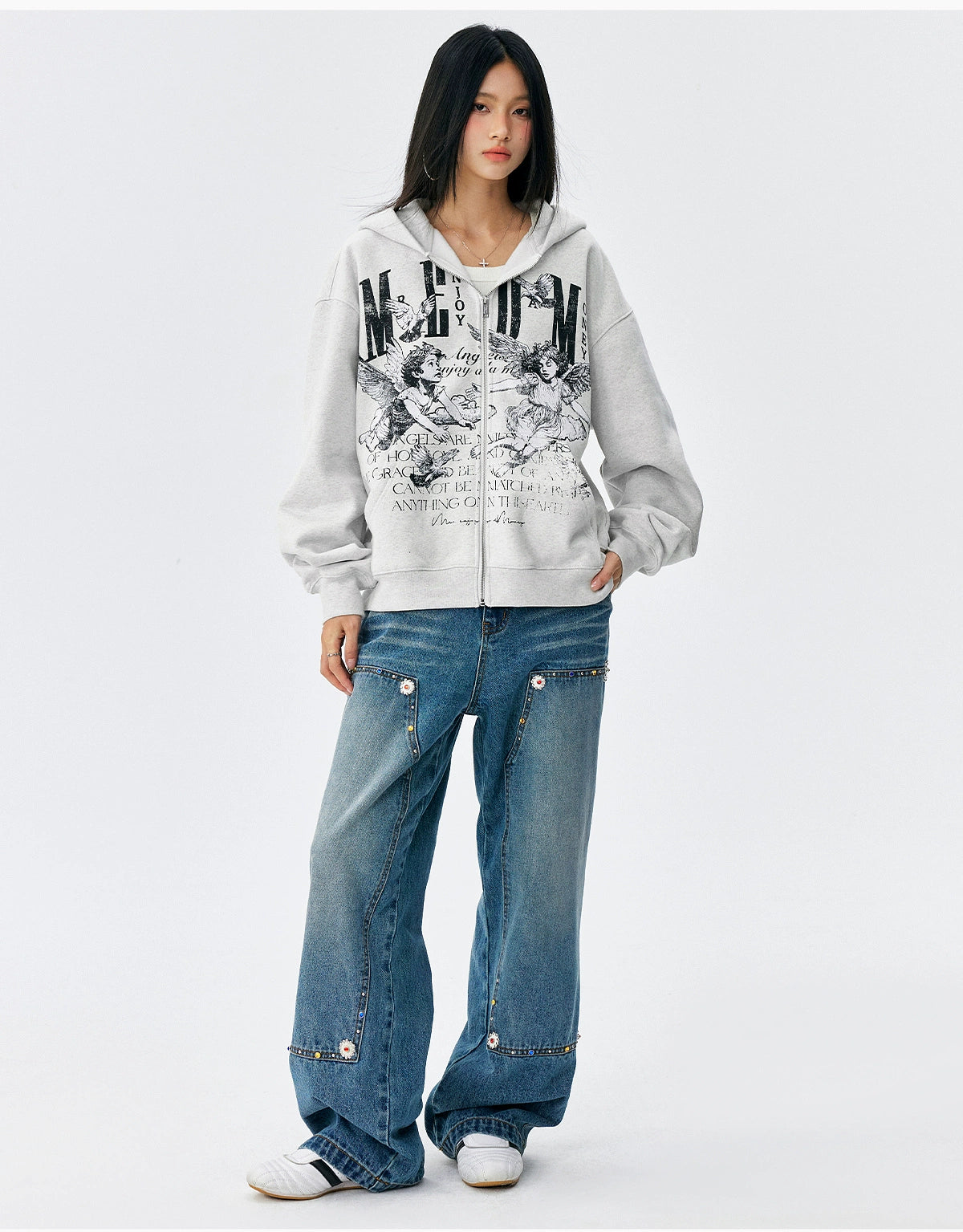MEDM Angel Patch Casual Hooded Cardigan Sweater