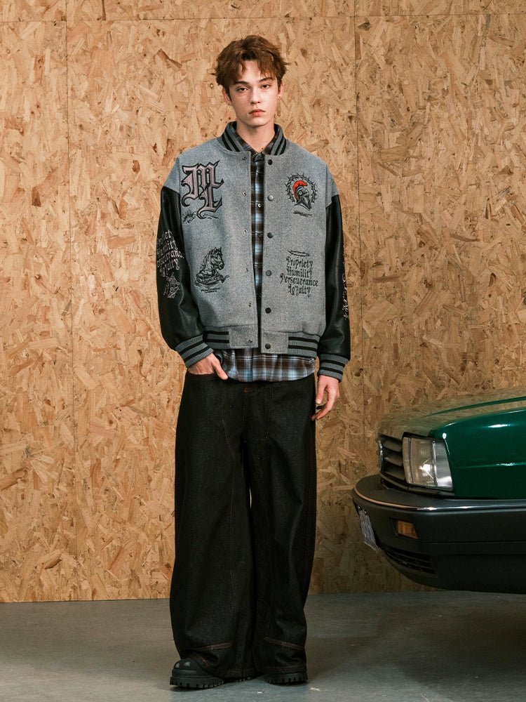 MATCHA STORY Leather Embroidered Baseball Jacket
