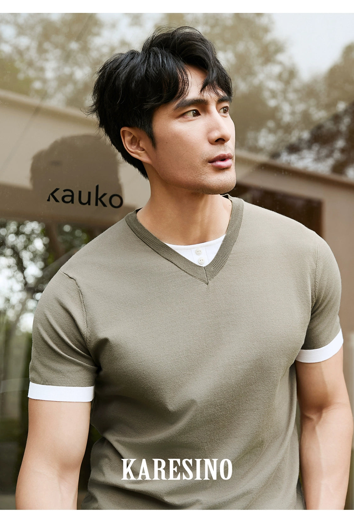 KARESINO Ice Silk Contrasting Color Splicing Knitted Polo Shirt